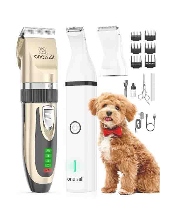 Best oneisall Dog Clippers 2 in 1 Cordless Grooming Kit With Low Noise Paw Trimmer for Small and Large Dogs image
