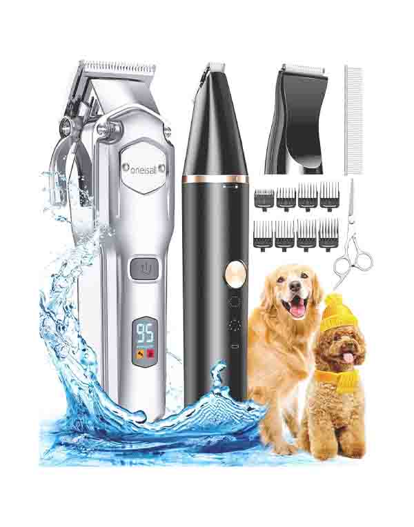 Best oneisall Dog Grooming Kit for Heavy Thick Hair With Cordless Waterproof Clippers and Low Noise Paw Trimmer image